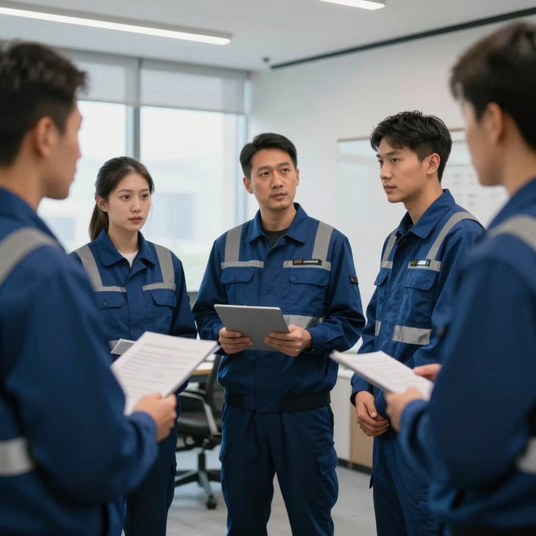 Professional logistics team in deep blue uniforms conducting a safety briefing in a well-lit modern office.