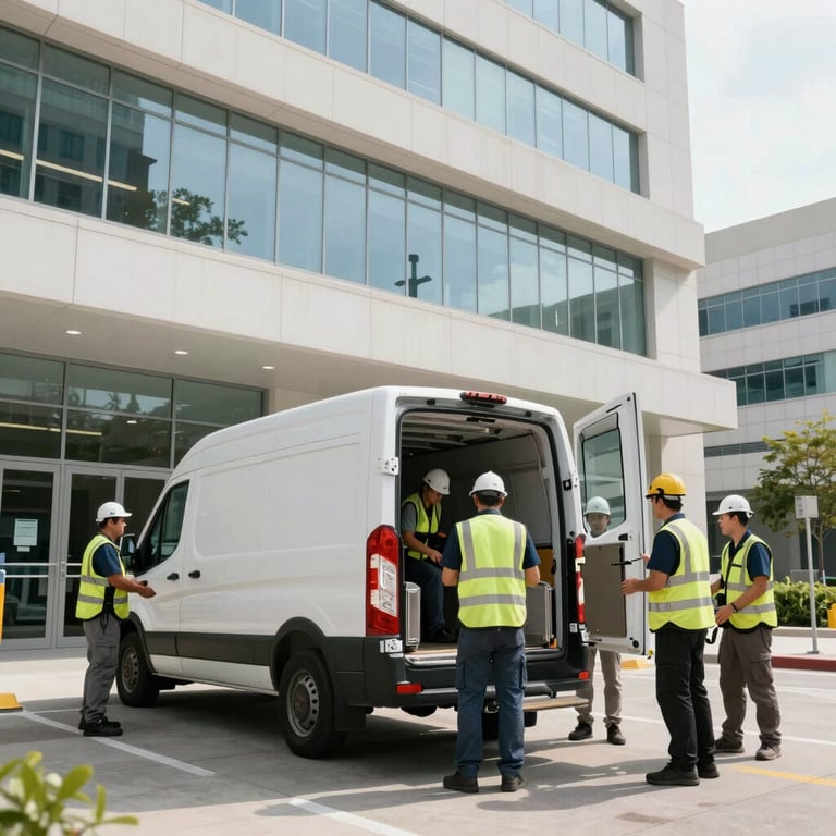 A modern hospital exterior in a US city where a logistics van is being unloaded by a professional crew.