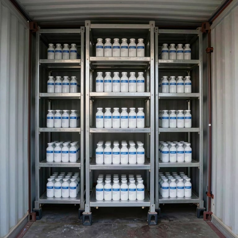 A climate-controlled cargo container interior showing specialized racks for vaccine and pharmaceutical transport.