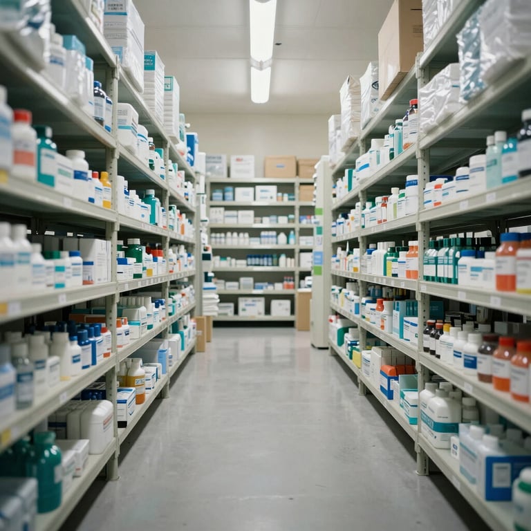 A wide shot of a sterile, organized North American medical warehouse with floor-to-ceiling shelving of supplies.