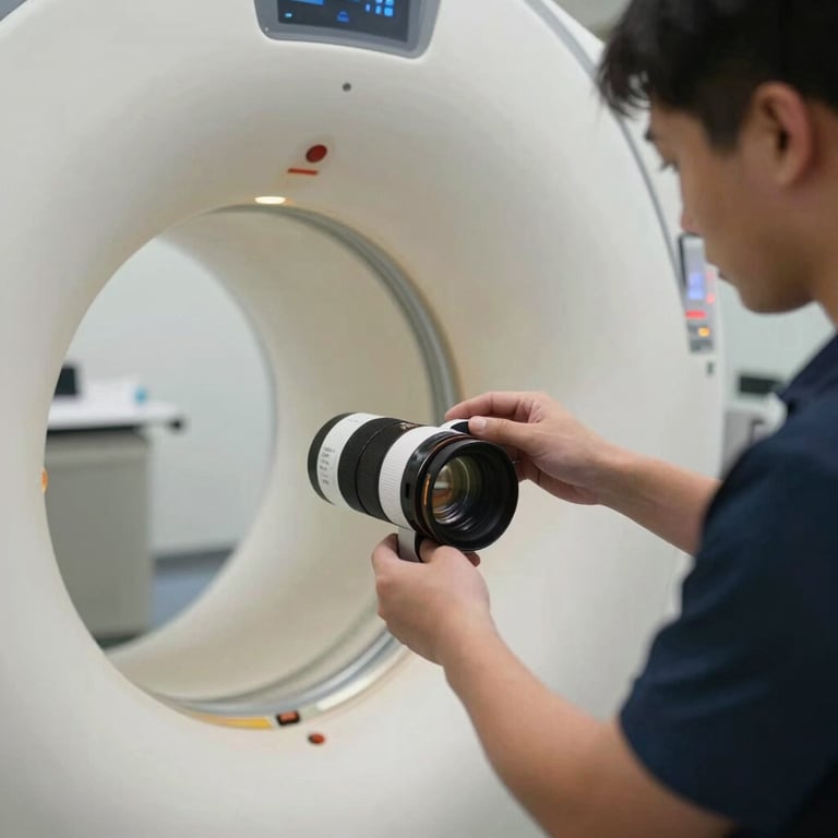 Close-up of a technician in a clinical environment securing a MRI machine for transport with industrial precision.