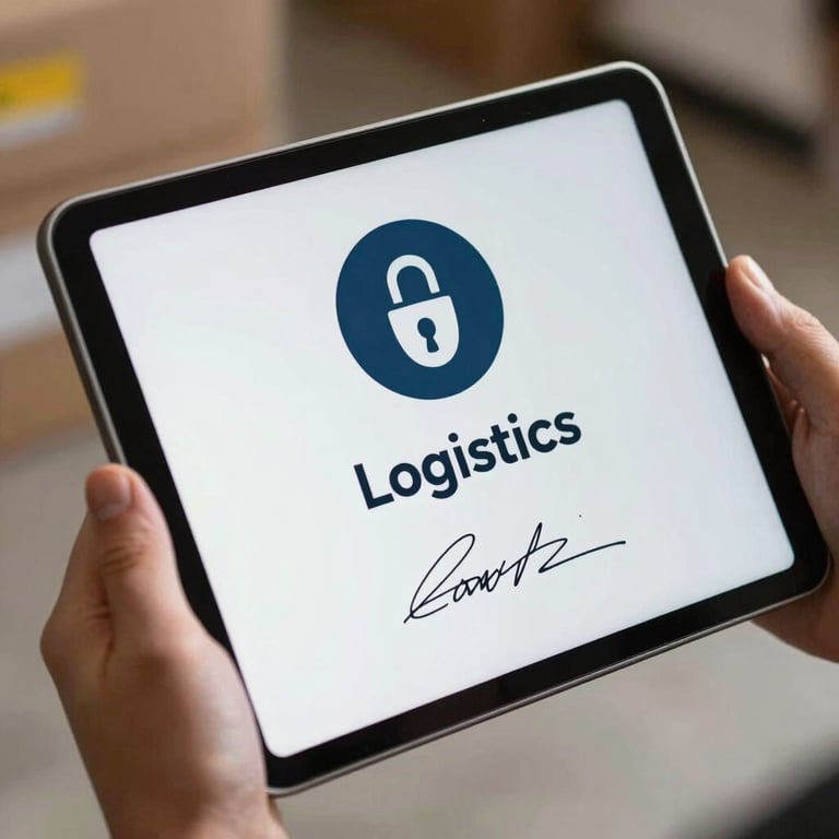 A handheld tablet showing a secure, digital logistics signature for a successful equipment delivery.