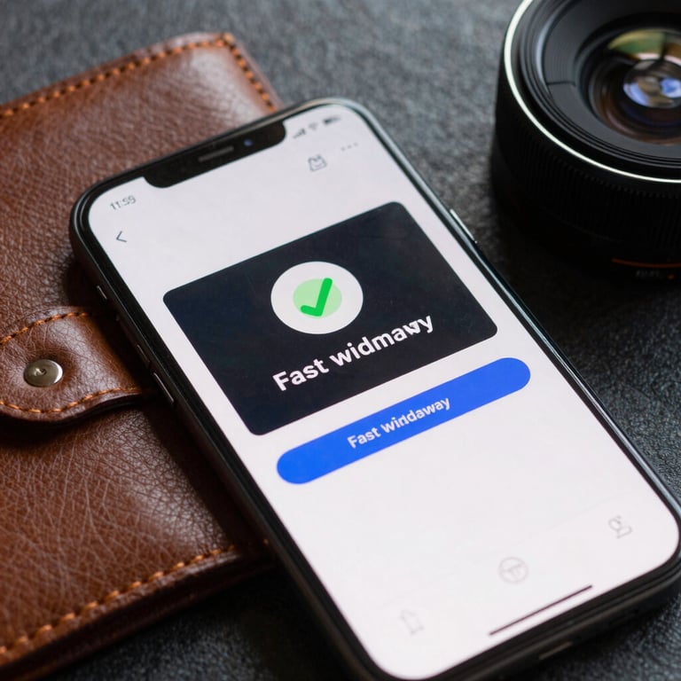 A premium leather wallet and a smartphone showing a successful fast withdrawal notification, symbolizing trust and financial speed.