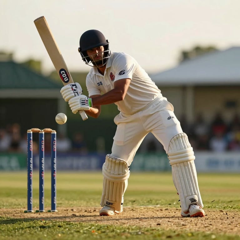 Action shot of a cricket ball hitting a wicket during a premier league match, captured with high-speed photography and golden hour lighting.