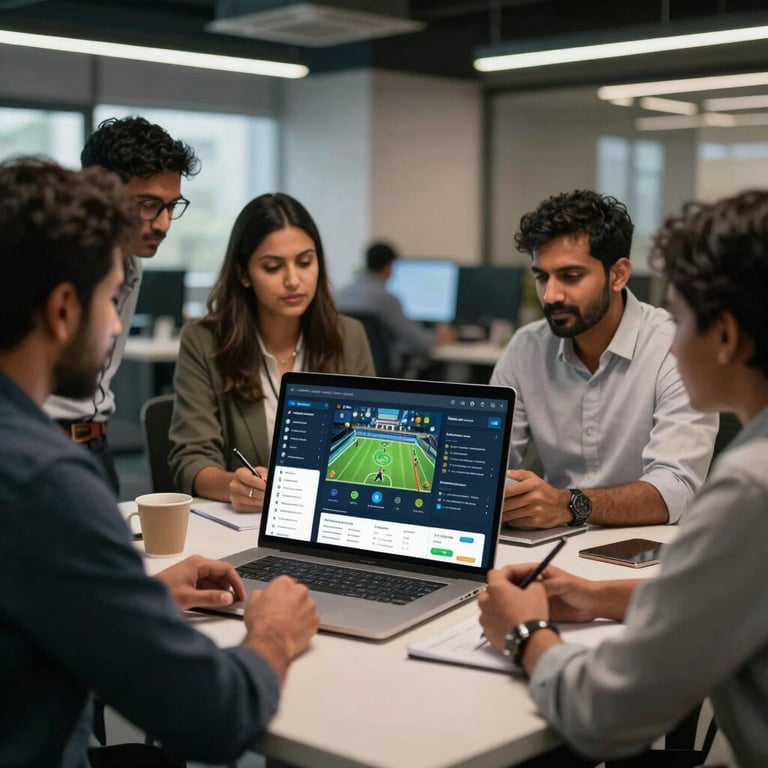 A group of diverse South Asian professionals in a modern tech hub collaborating on a new fantasy sports application interface.