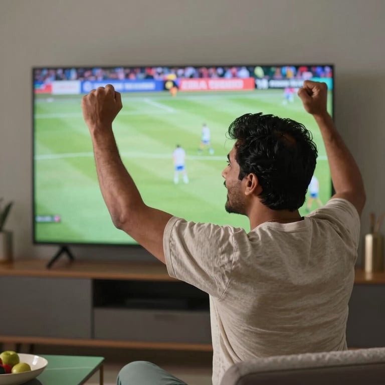 A lifestyle shot of a South Asian fan cheering enthusiastically while watching a game on a large screen in a modern, stylish Indian home.