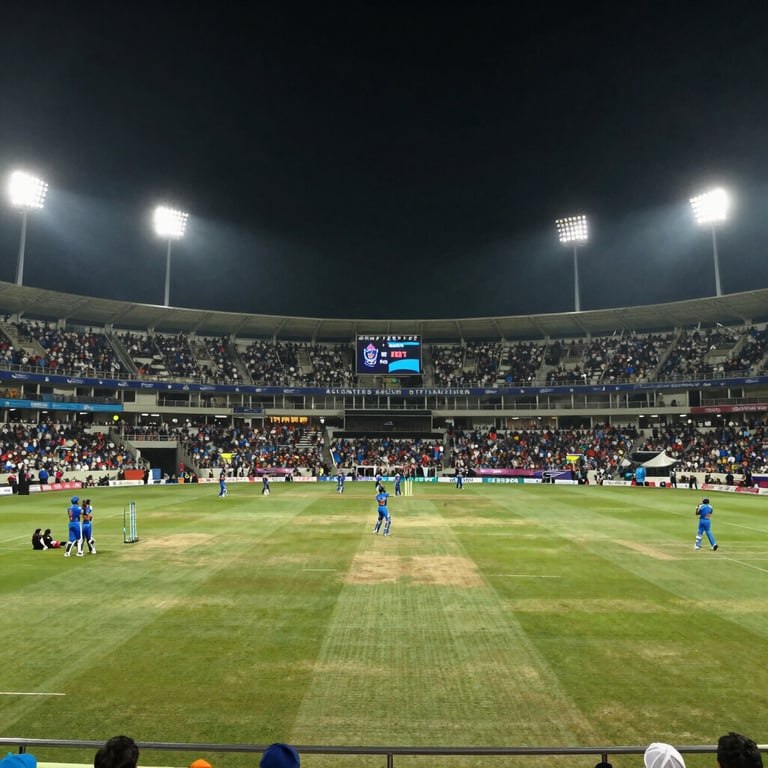 A wide shot of a packed Indian cricket stadium at night, illuminated by brilliant floodlights, showcasing a dynamic and energetic atmosphere.