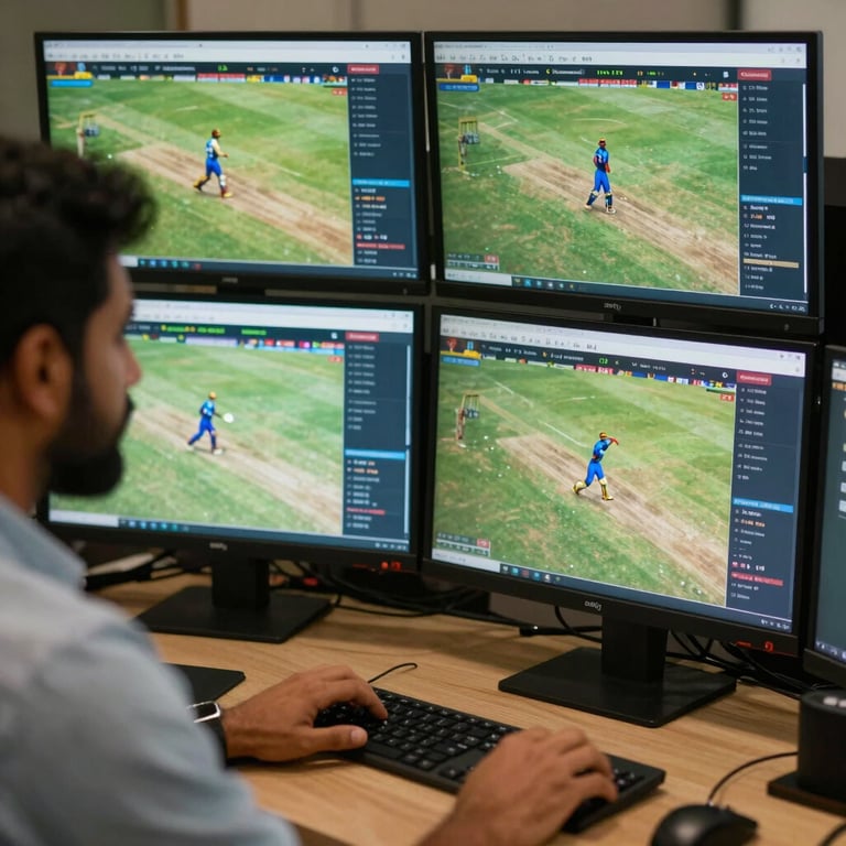 Close-up of a professional sports analyst in India working with multi-monitor setups showing real-time cricket match data and betting odds.