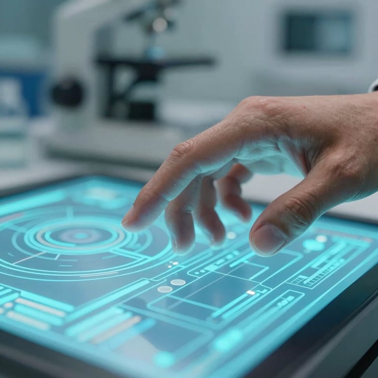 A close-up of a human hand reaching out to touch a vibrant, light cyan digital interface in a professional laboratory.