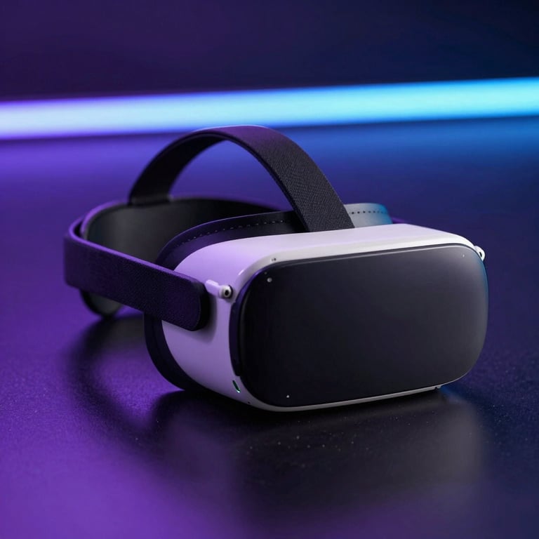 A sharp photograph of a high-tech VR headset resting on a polished dark surface, reflecting deep purple and sky blue neon lights.