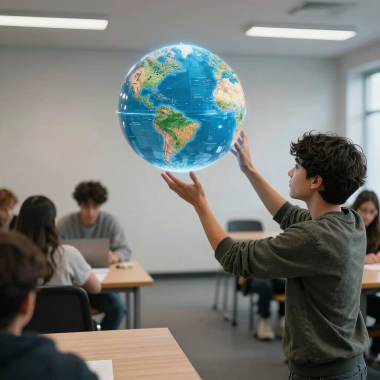 A North American student interacting with a floating AR globe in a minimalist, futuristic study hall.