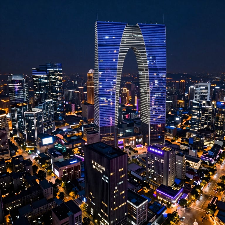 An overhead shot of a modern city skyline at night, glowing with deep blue and purple artificial lights.