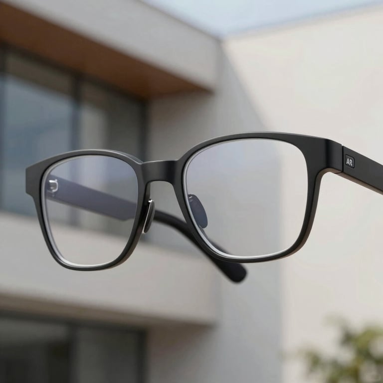 A detailed shot of AR-enabled glasses showing a clean, functional UI overlay on a modern architectural setting.
