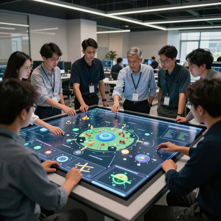 A professional team in a tech hub collaborating over a large touchscreen displaying 3D educational models.