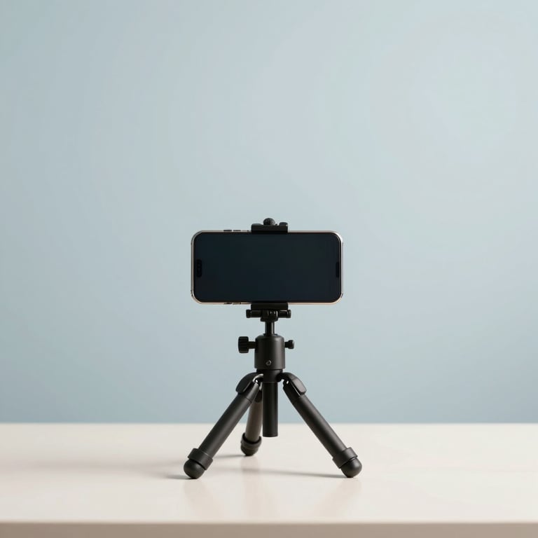 Minimalist workspace with a smartphone on a tripod, Sky Blue and Soft Off-White color palette, clean professional photography.