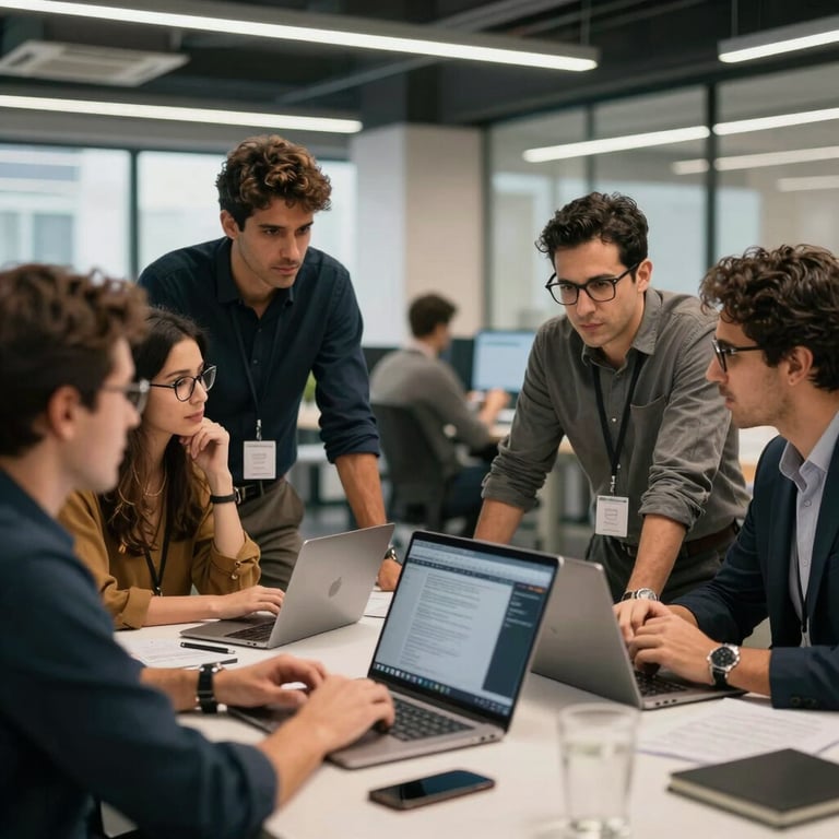 Group of professionals in a modern Iberian / Latin American tech hub discussing digital strategy, sophisticated and collaborative atmosphere.