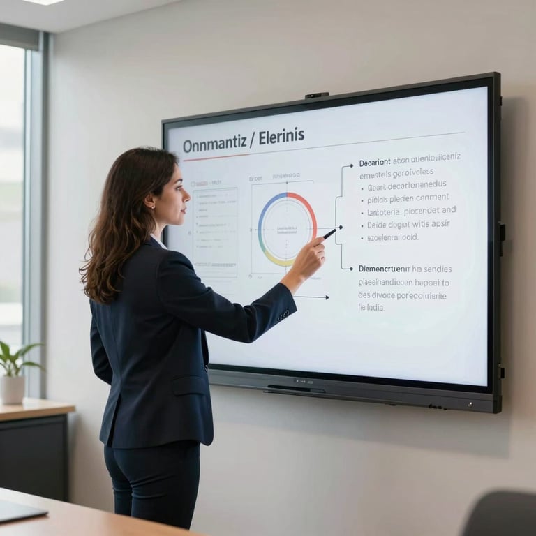 A stylish Iberian / Latin American professional presenting data on a digital board in a bright, modern conference room.