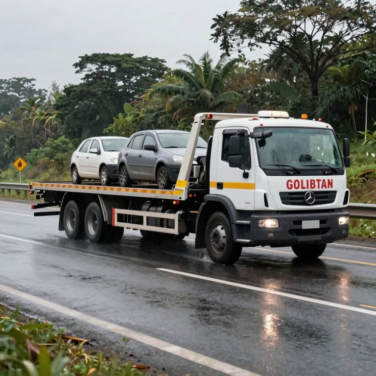 A wide shot of a tow truck helping a car on a rainy Brazilian highway, emphasizing safety and reliability.