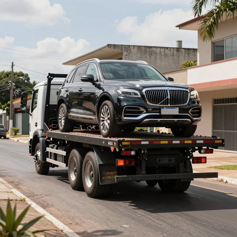 Flatbed truck transporting a luxury SUV through the Ipiranga neighborhood, bright daylight.