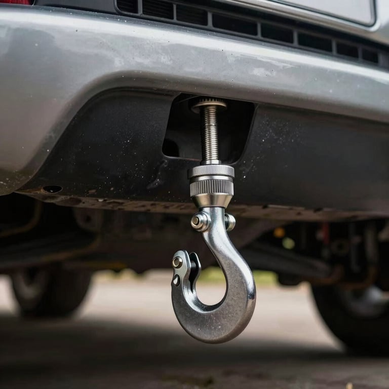 Close-up of a professional tow hook being secured to a car's chassis, South American / Brazilian setting.
