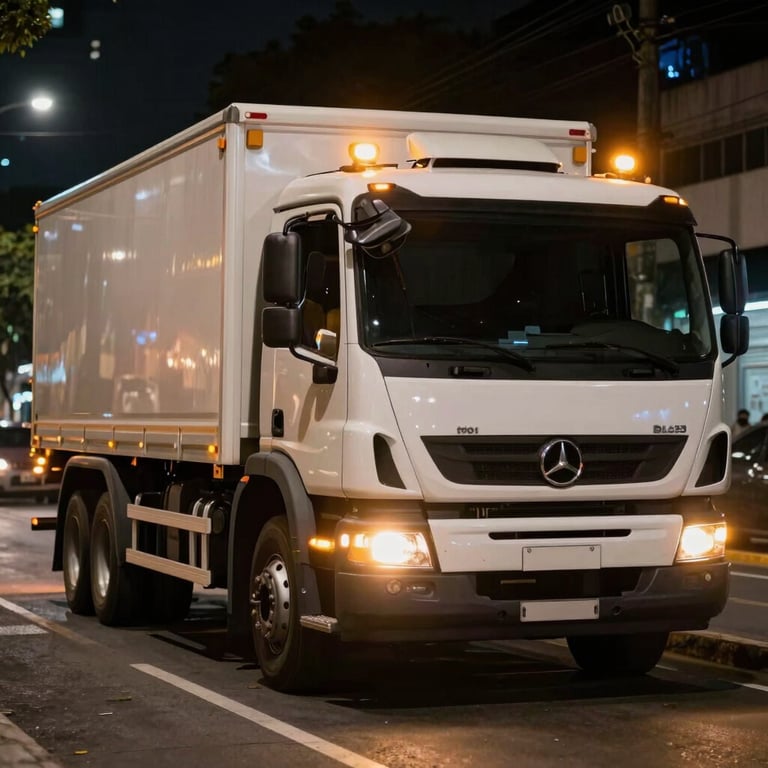 Modern tow truck with amber lights flashing on a São Paulo street at night, professional urgency.