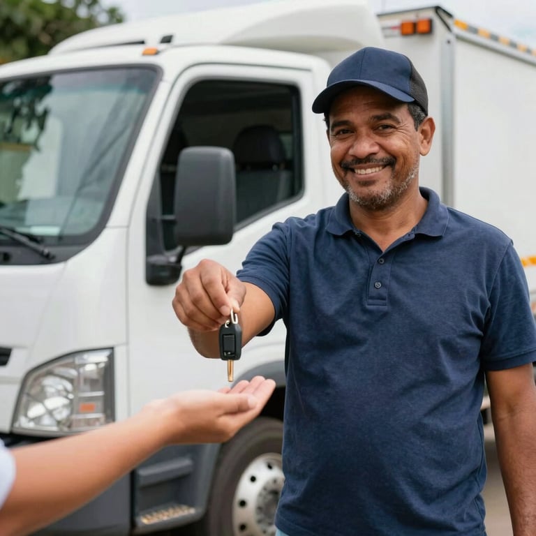 A tow truck driver handing keys to a customer with a confident smile, South American / Brazilian setting.