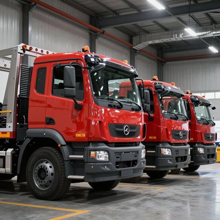 A line of red and black tow trucks ready for service in a modern industrial garage.