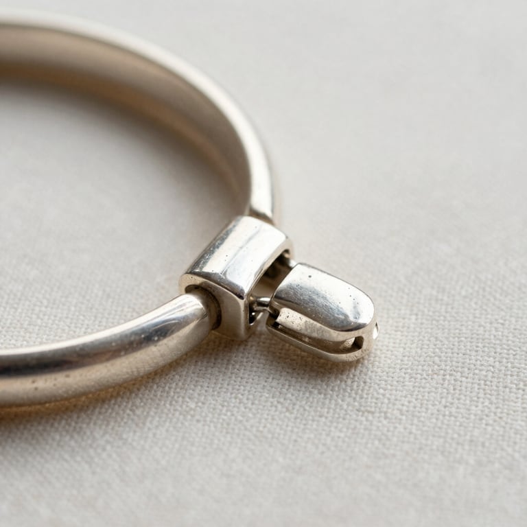 Macro detail of a silver bracelet clasp on a pale linen surface, north-facing daylight illuminating the joinery and surface texture, high contrast edges, no props