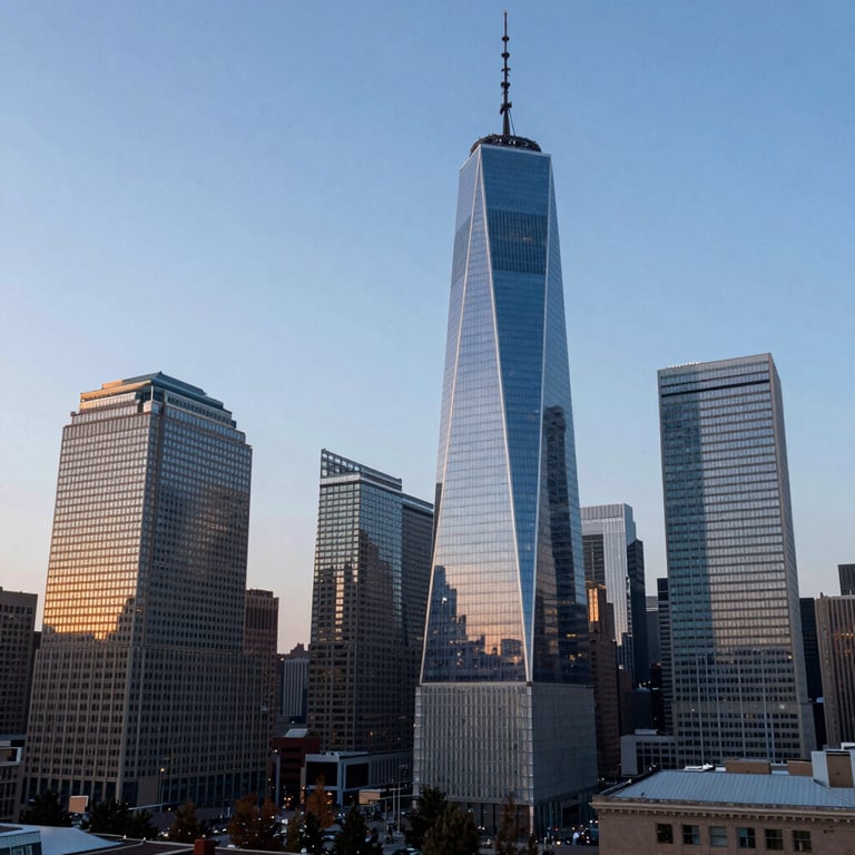 A wide-angle shot of a modern North American financial district at sunrise, with light blue and dark blue hues in the sky reflecting off skyscrapers.