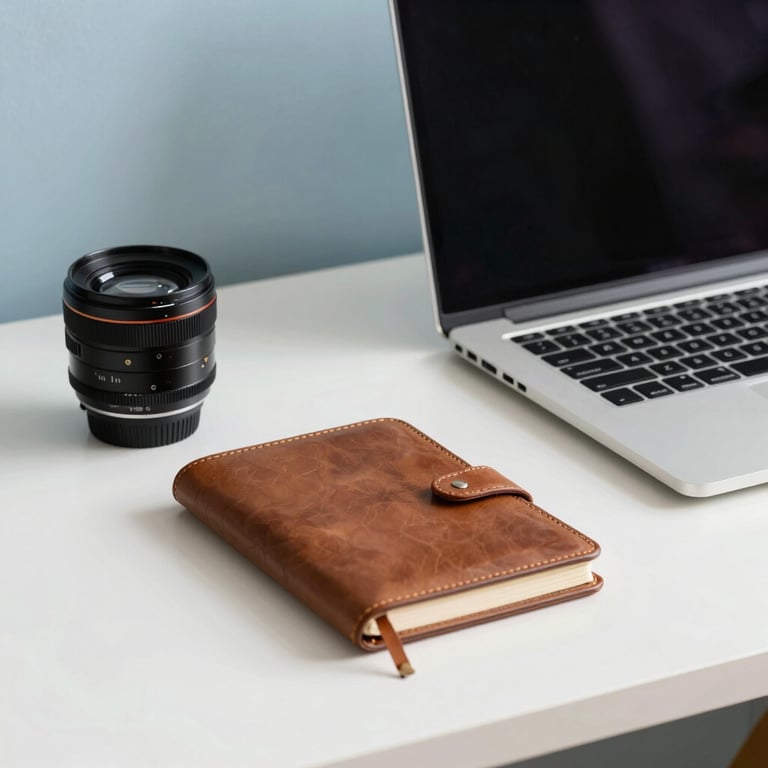 A clean, minimal workspace with a laptop and a leather-bound notebook on a white desk, with a soft blue wall in the background.