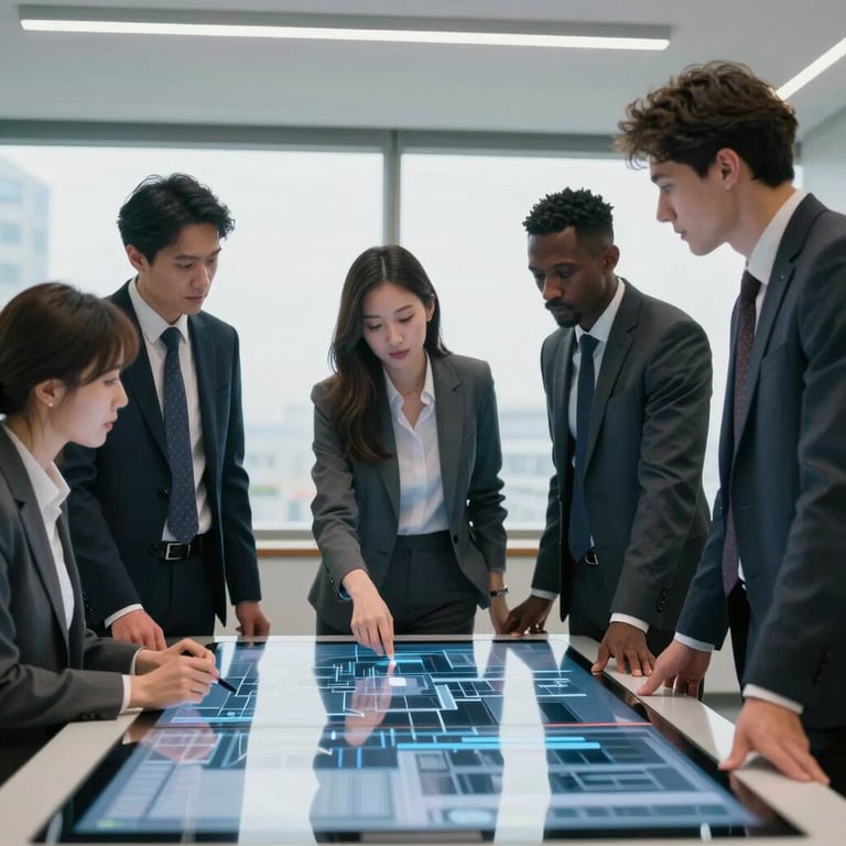 A group of diverse professionals in business attire collaborating around a digital display in a high-tech conference room.