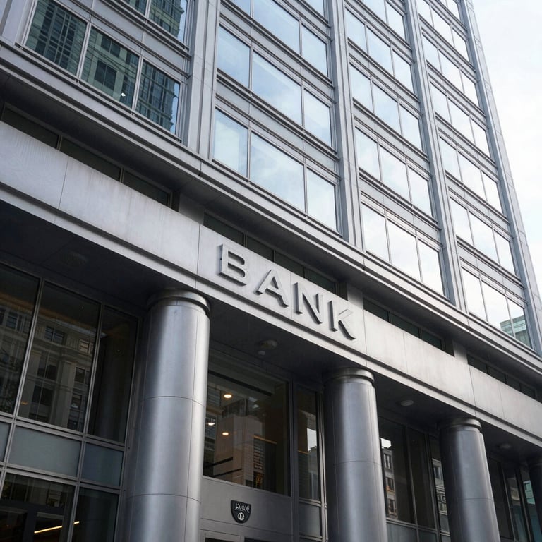 A detailed shot of architectural elements of a modern bank building in the US, featuring glass, steel, and sophisticated textures.