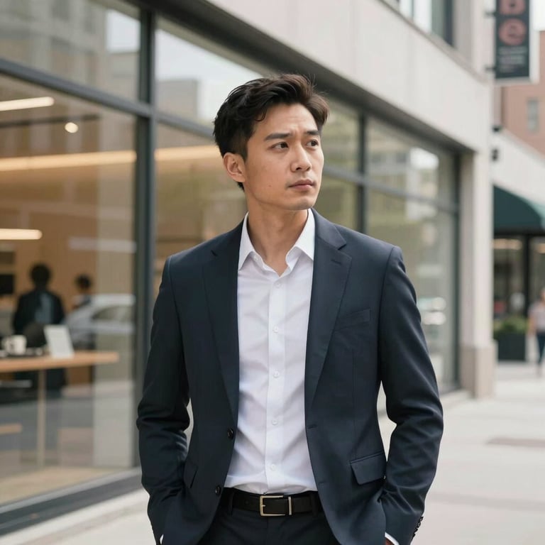 An entrepreneur in a bright, modern storefront in a North American city, looking confidently towards the future.
