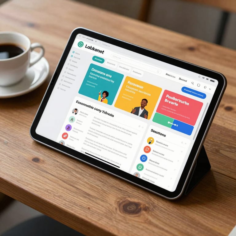A tablet displaying a colorful marketing dashboard sitting on a wooden desk next to a cup of coffee, soft natural lighting.