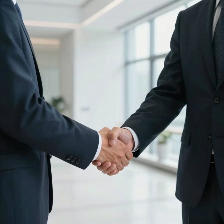 Two professionals shaking hands in a bright, minimalist lobby, conveying trust and partnership, professional attire.