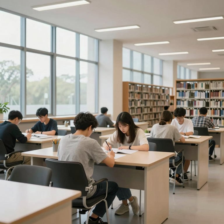 A bright, quiet university library with large windows and students studying at clean, modern desks, airy atmosphere.