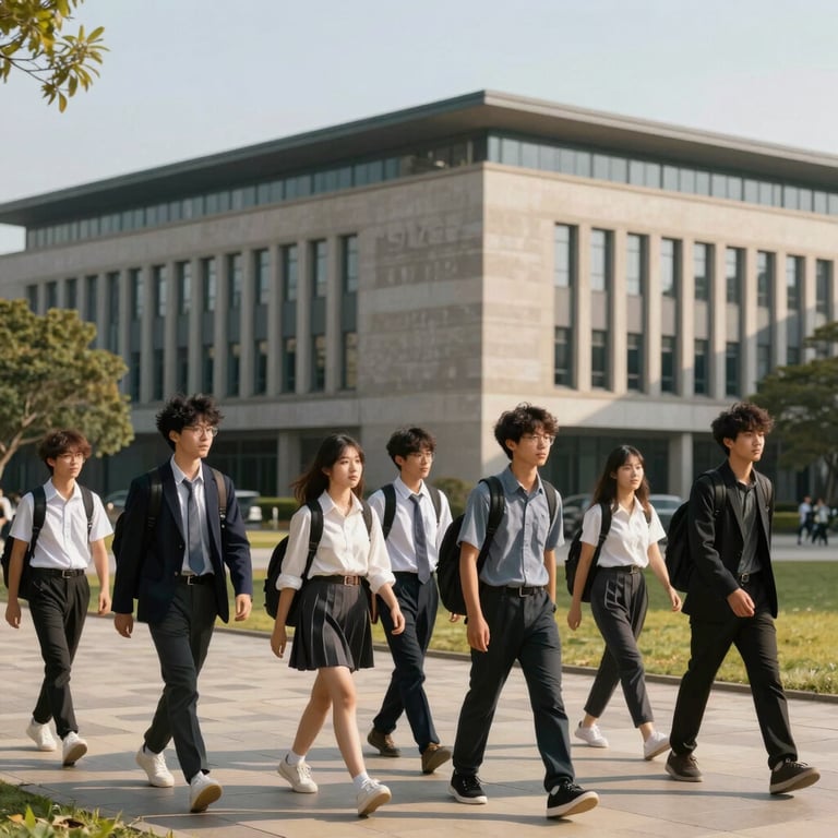 A group of students walking across a contemporary, prestigious university campus in an international / English-speaking market, afternoon sunlight, sharp focus.