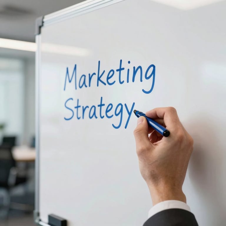 Close-up of a professional hand writing a marketing strategy on a whiteboard, medium blue ink, modern office environment.