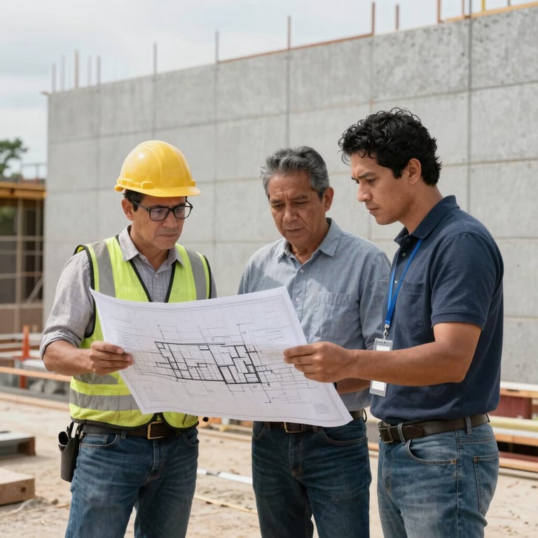 Professional team reviewing structural blueprints on a construction site with AAC walls in the background, South American setting.