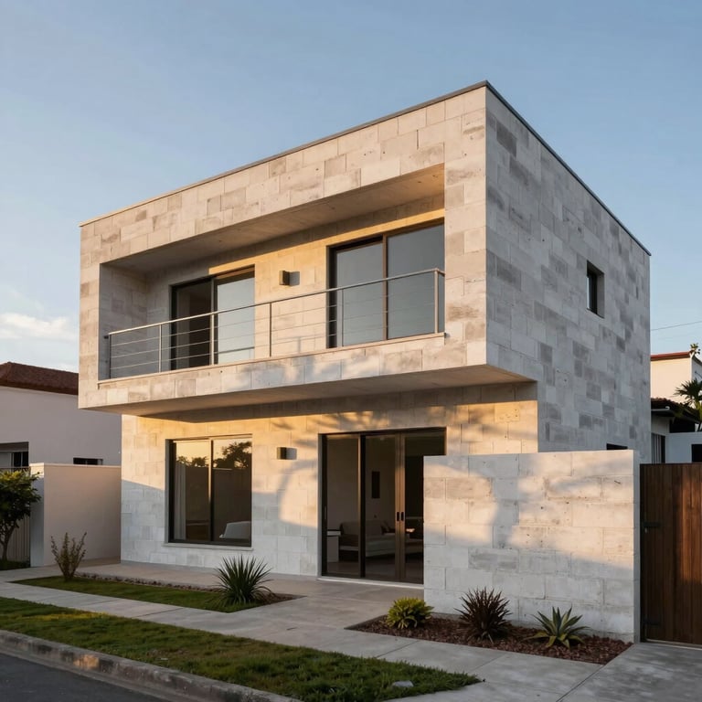 Modern minimalist home built with AAC blocks in a South American residential area, professional architectural photography, sunset lighting, clean lines.