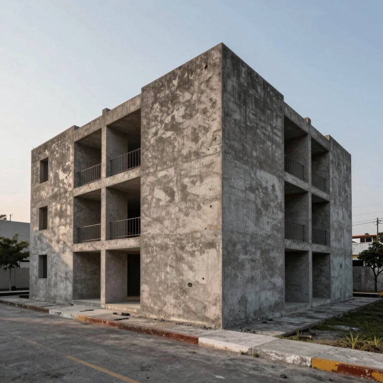 Sustainable urban development project in Mexico using cellular concrete, wide angle architectural shot, soft morning light.