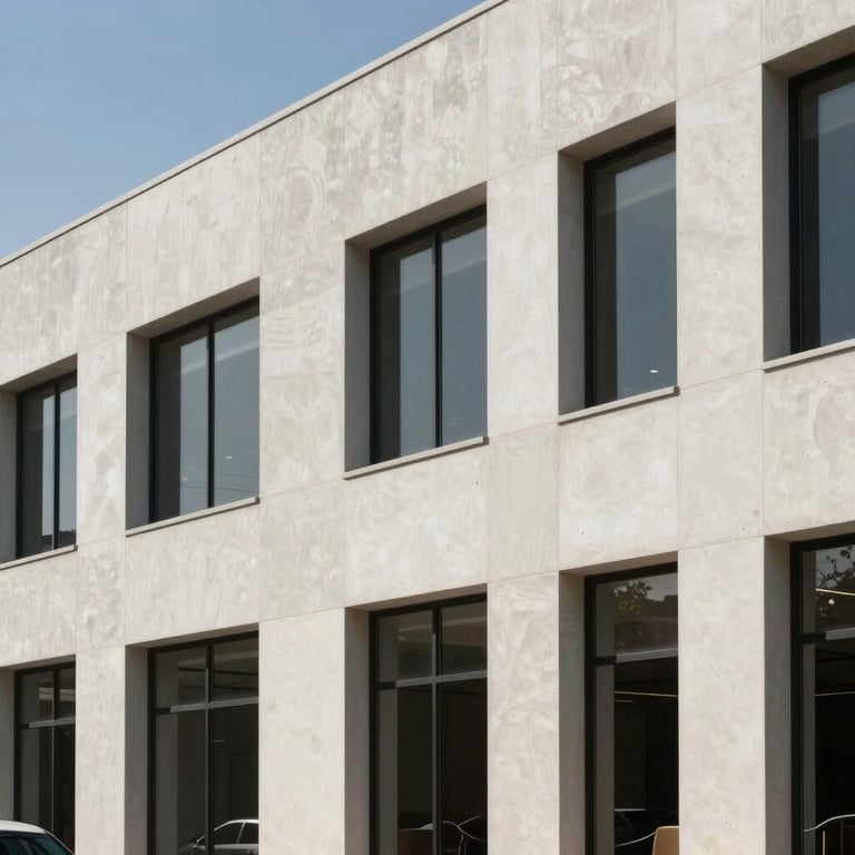 Facade of a clean, modern commercial building in Western Mexico utilizing Aerocrete panels, reflecting innovation and professional design.