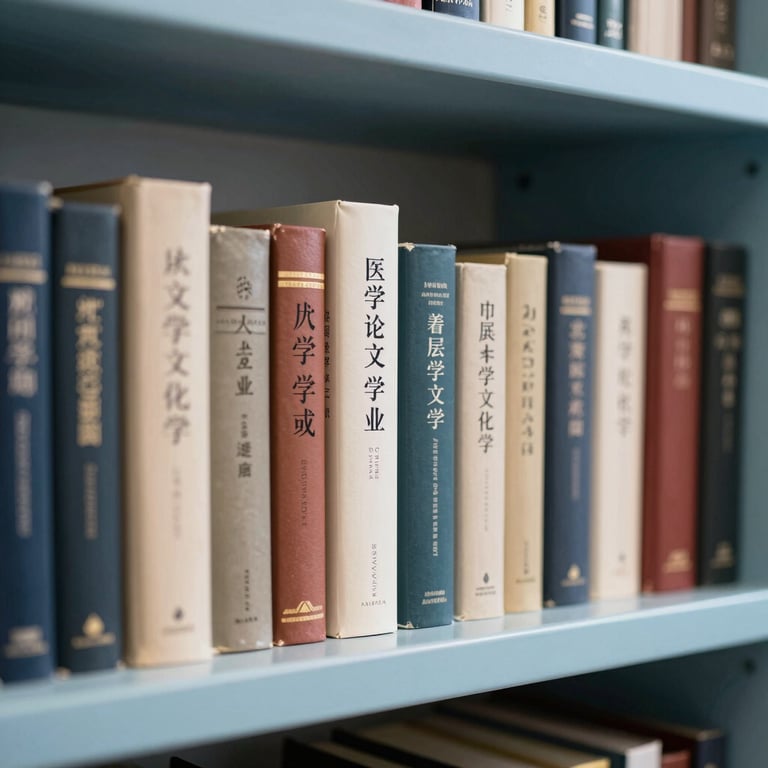 A row of academic and literary books displayed on a modern shelf with light blue accents.