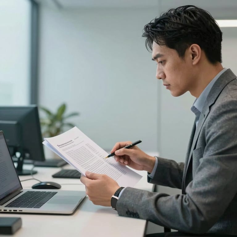 A professional Indonesian editor reviewing a manuscript in a modern office with light blue and grey tones.