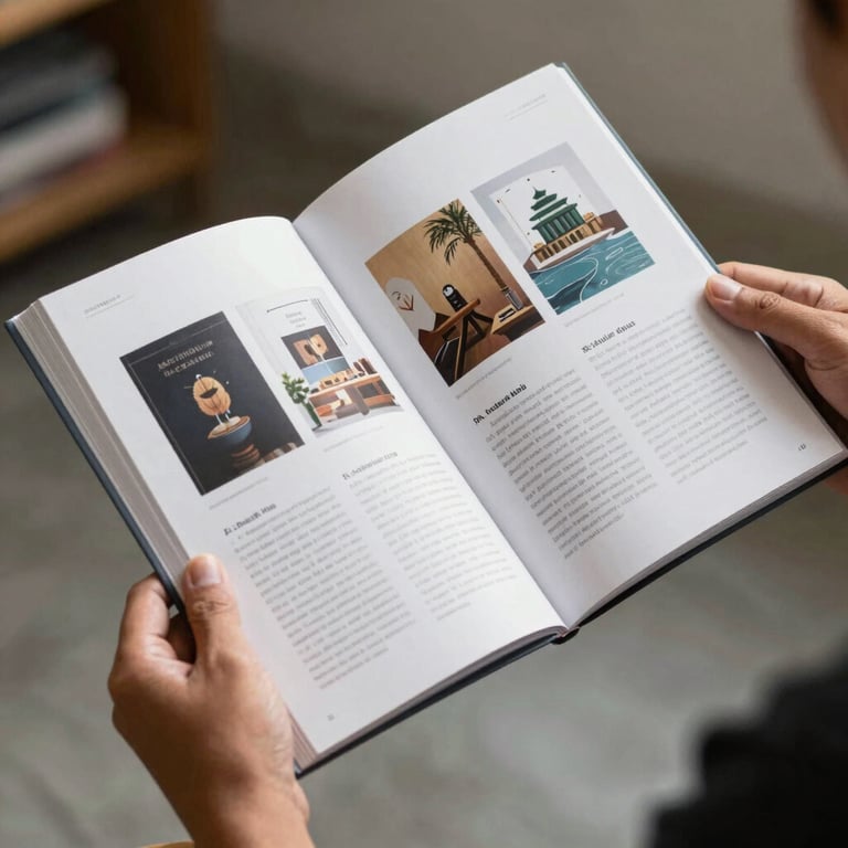 Hands of an Indonesian professional holding an open product catalog showing book covers and descriptions.