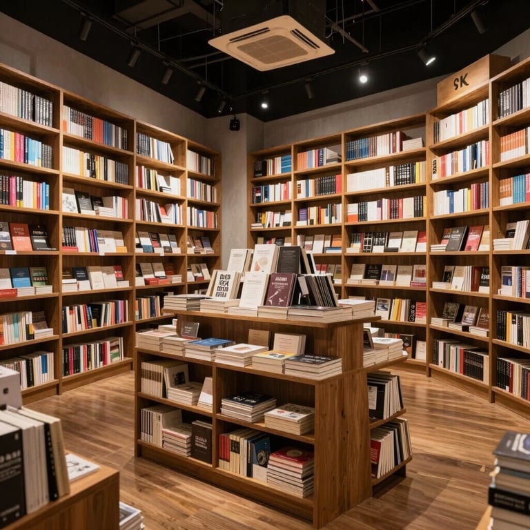 Wide shot of a contemporary bookstore in Jakarta with organized sections and a warm, inviting atmosphere.