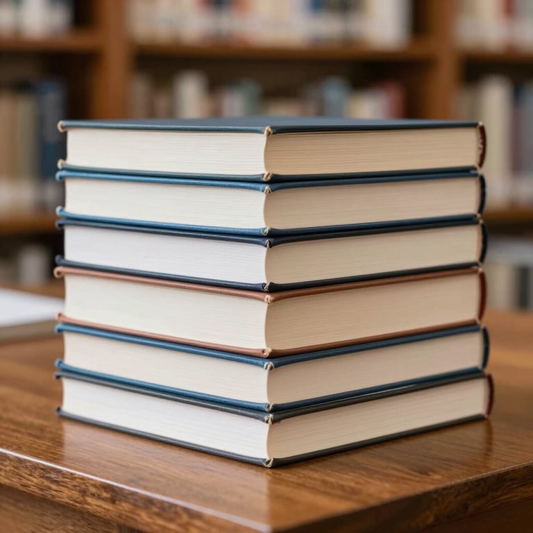 A close-up of high-quality hardcover books stacked neatly on a teak desk in a bright Southeast Asian library.