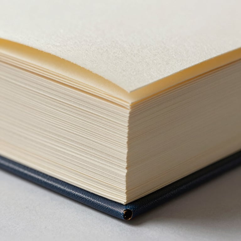 Macro shot of a high-quality book binding and textured cream paper in a sophisticated studio setting.