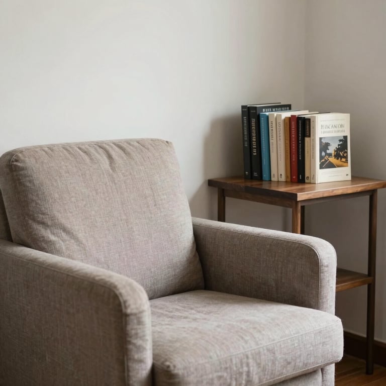 A bright and airy reading corner with a comfortable armchair and a small shelf of books in an Indonesian home.