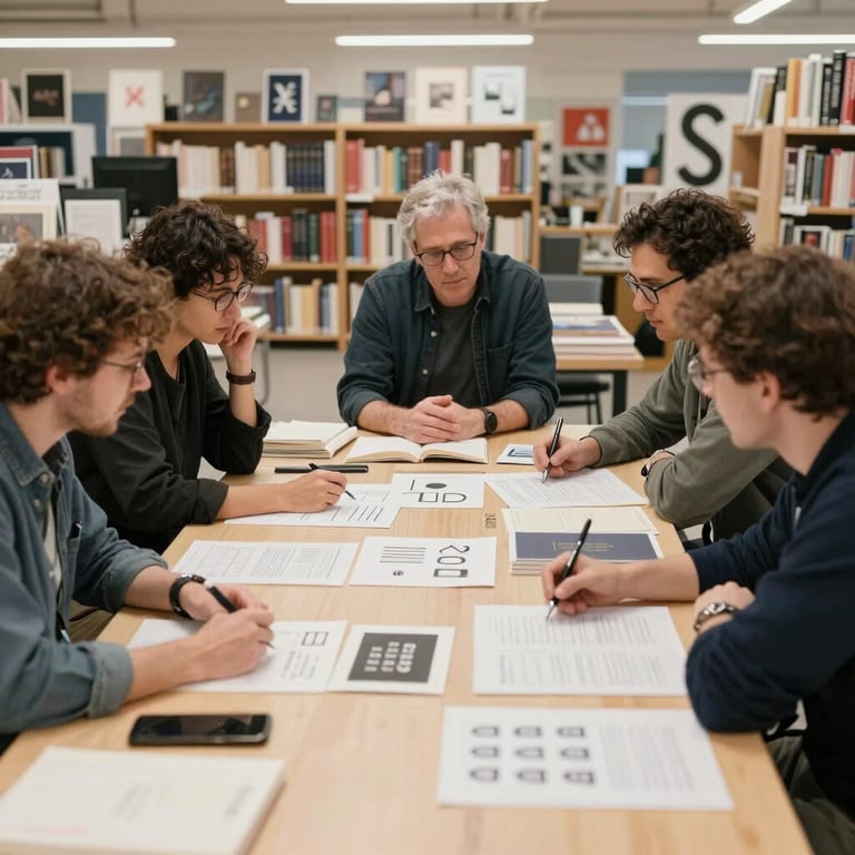Creative brainstorming session at a publishing house with people discussing book layouts around a table.
